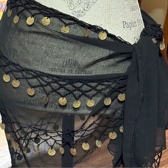 Swim Sarong or Belly Dance Hip Scarf Wrap With Gold Medallion Coins Black Gold - Picture 2 of 11